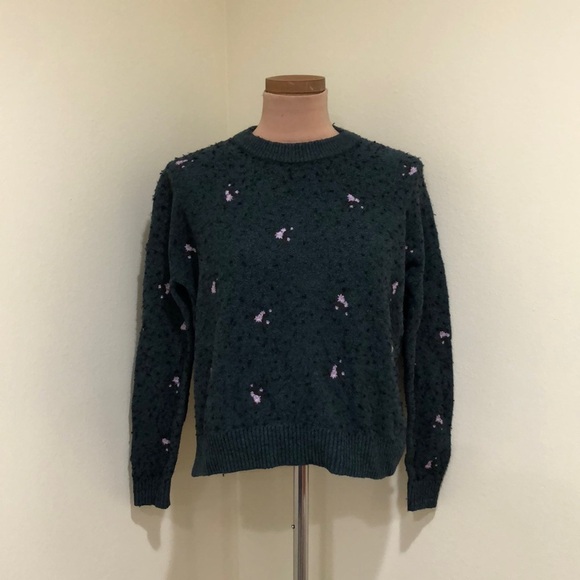 Madewell Sweater Size XS Hunter Green Floral Embroidered Pullover - Picture 2 of 12
